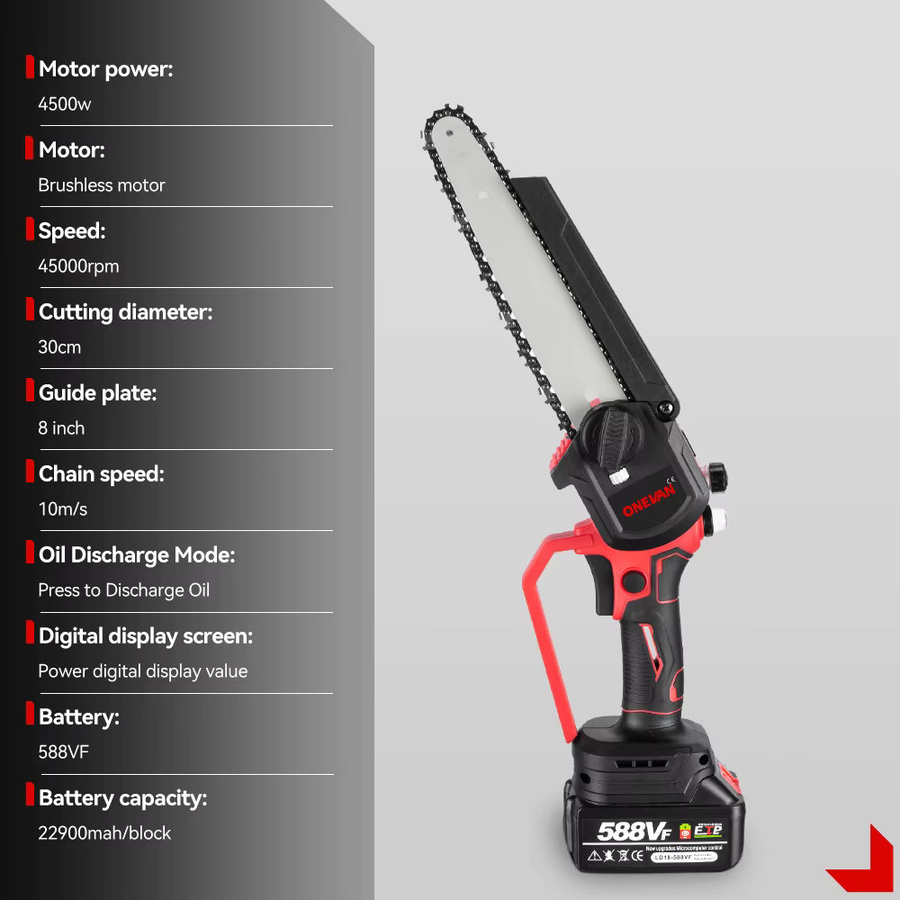 ONEVAN Akku Kettensäge 8 Zoll Rot, bürstenlose elektrische Handsäge kompatibel mit Makita 18V LXT Akku zum Beschneiden von Holz und im Garten - Bild 5