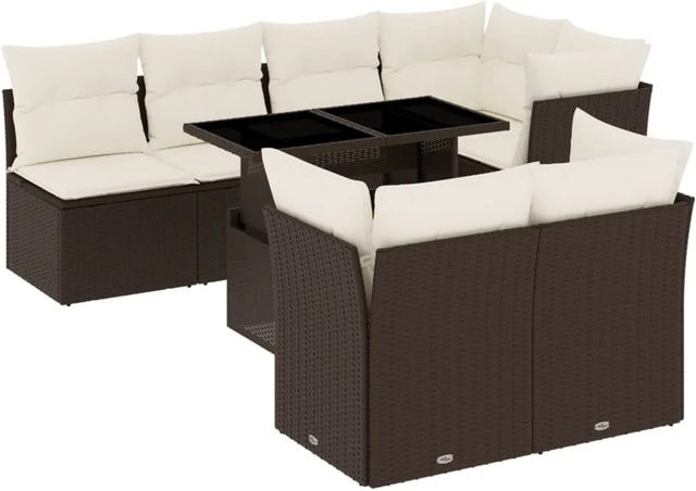 vidaXL 8-tlg Garten-Sofagarnitur aus Polyrattan in Braun mit Kissen und Tisch im L-Shape Design - Bild 1
