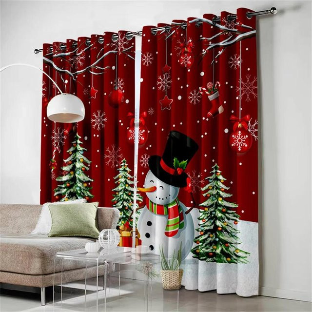2er-Set Weihnachts Vorhänge mit Motiv Schneemann, Weihnachtsbaum und Elch, halbtransparent, Weiß und Rot, B: 60 cm, H: 100 cm - Bild 1
