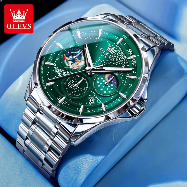 OLEVS Armbanduhr Chronograph, Quarz, Edelstahl, Grün, Herren - Bild 1