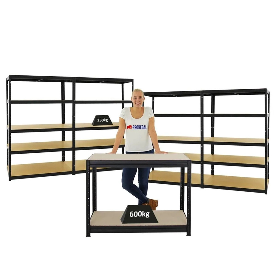 PROREGAL Set aus 4x Schwerlastregal Big Elephant M und 1x höhenverstellbarer Werkbank Slim Dino, Schwarz, H: 180 cm, B: 120 cm, T: 60 cm sowie H: 90 cm, B: 120 cm, T: 60 cm - Bild 2