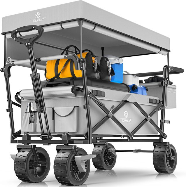 KESSER Bollerwagen GT9000 faltbarer Handwagen mit Dach und Abdeckung, belastbar bis 150 kg, mit Hartgummi-Rädern und Feststellbremsen - Bild 1
