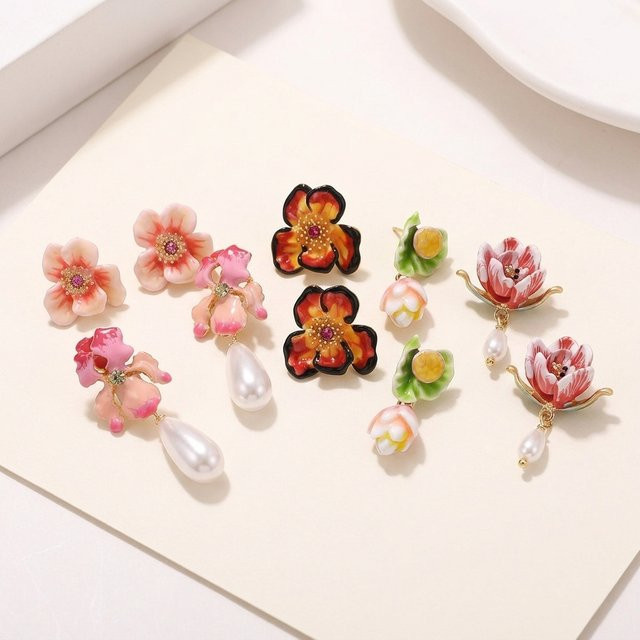 Kovonchy Ohrstecker Vintage, Emaille-Blumen, Kristall, Perle, Damen, Bunt - Bild 1