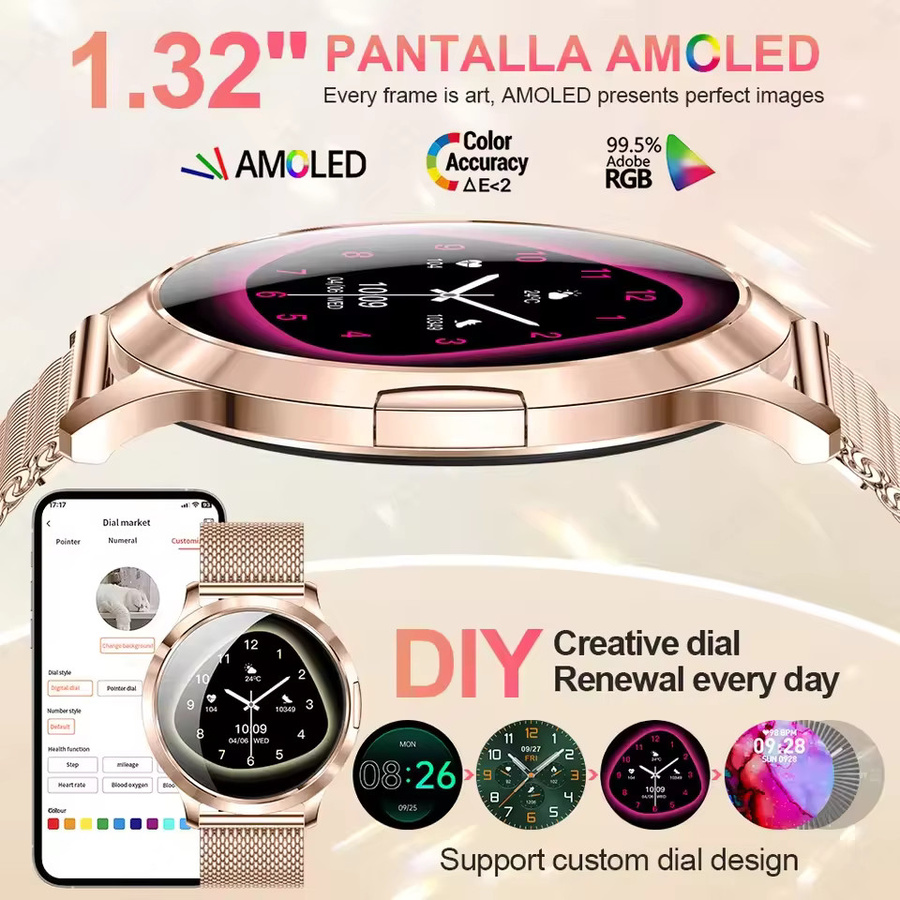 GUHUAVMI NFC Damen Smartwatch mit 1,32 Zoll Full-HD-Touchscreen, Blutdruckmessung und IP69K Wasserdichtigkeit, ultradünn in Schwarz und Gold - Bild 2