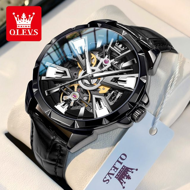 OLEVS Armbanduhr Automatik, Edelstahl, Leder, Schwarz, Herren - Bild 1