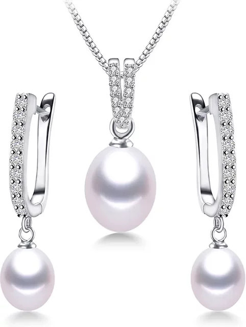 YWYC Schmuckset, Ohrringe und Halskette, 925 Silber, Perle, Damen, 45 cm - Bild 1