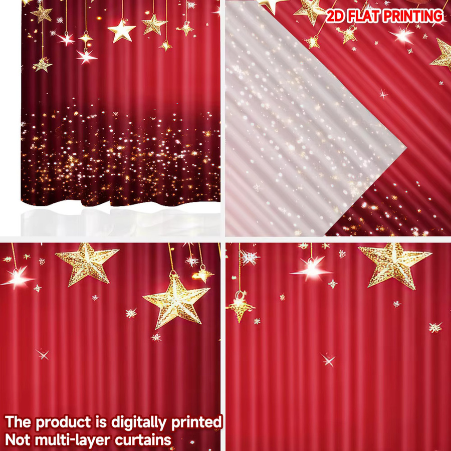 Set aus 2 Weihnachtsvorhängen mit goldenen Sternen, digital bedruckte Polyester-Vorhänge in Rot und Gold, halbtransparent mit Ösen - Bild 4