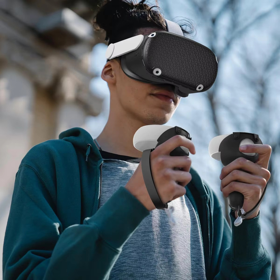 Meta Quest 2 Zubehör Set in Schwarz: 5 Stück Silikon-Objektivabdeckungen, VR Shell Cover und Einweg-Augenmasken mit Daumen-Stickcover - Bild 3