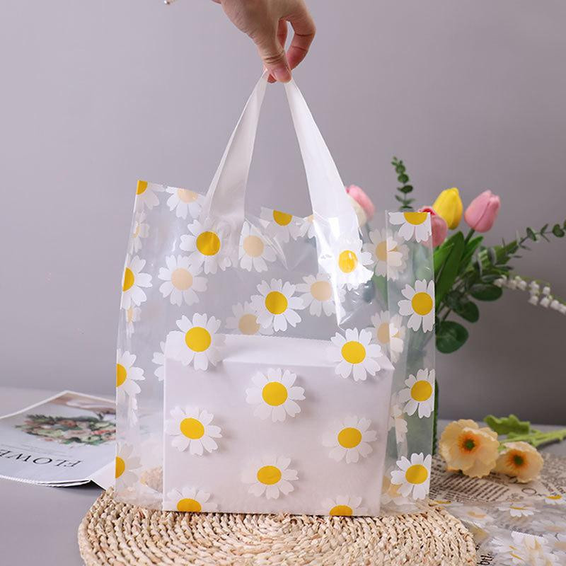 Set aus 5 transparenten Daisy Geschenktüten aus Kunststoff, wasserdichte Tragetaschen für Geburtstag, Hochzeit oder Party - Bild 4