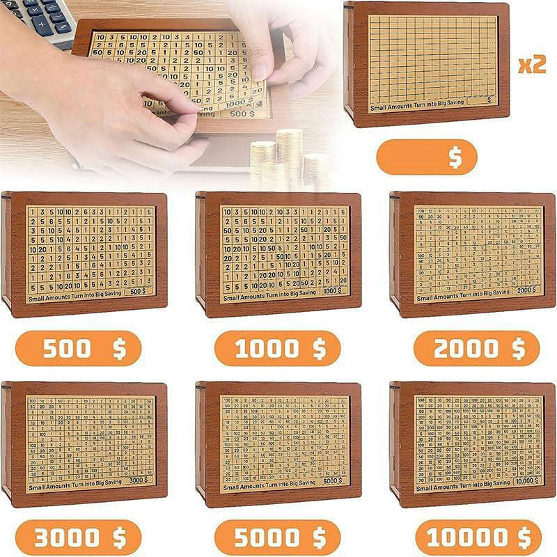 Wiederverwendbare Spardose aus Holz mit Digitalbox und Sparzielen für 1000 bis 10000 Euro in Braun, B/T/H: 21,0 x 14,0 x 1,0 cm - Bild 3