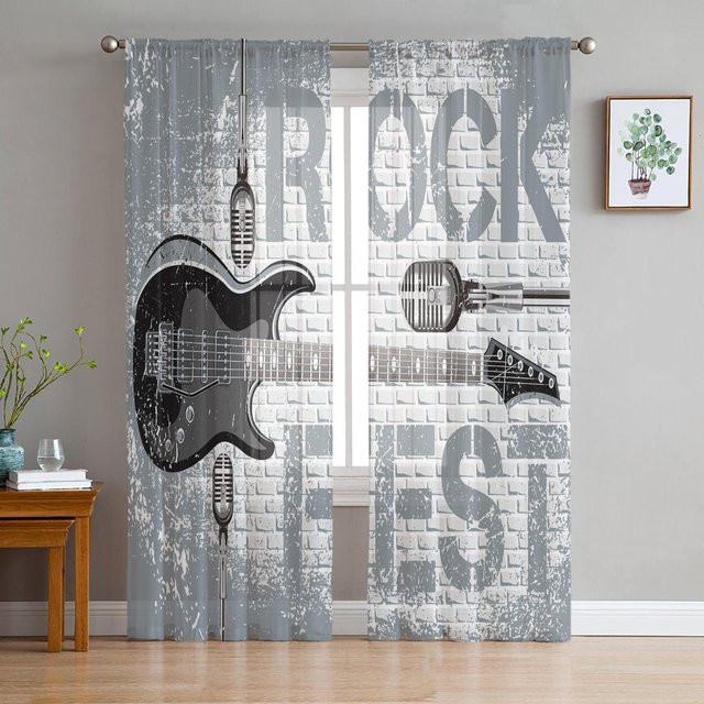 Super Six Rockgitarren Musik Voile-Vorhang aus Chiffon in Grau, B: 135 cm, H: 160 cm - Bild 1