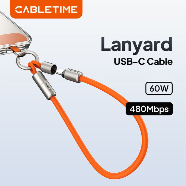 CABLETIME USB-C-Kabel PD60W mit Schlüsselband für schnelle Ladung und 480Mbps Datenübertragung in Lila und Orange - Bild 1