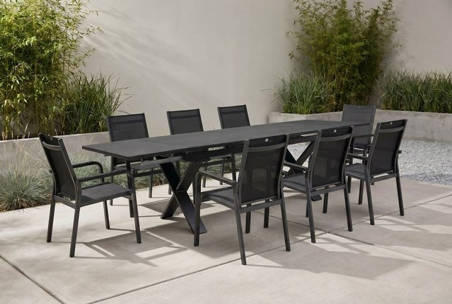 Kettler BasicPlus Premium Garten-Essgruppe aus Aluminium und Spraystone in Anthrazit mit ausziehbarem Tisch und 8 Stapelsesseln - Bild 1