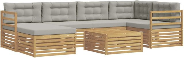 vidaXL Outdoor-Sofagarnitur in L-Form aus Akazienholz mit Kissen, Weiß-Hellgrau - Bild 1