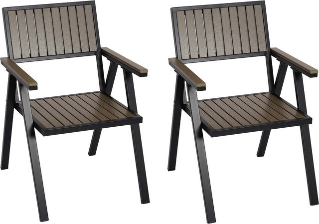 2er-Set Gartenstühle MCW-J95 aus Aluminium in Holzoptik mit schwarzem Gestell und grauer Sitzfläche - Bild 1