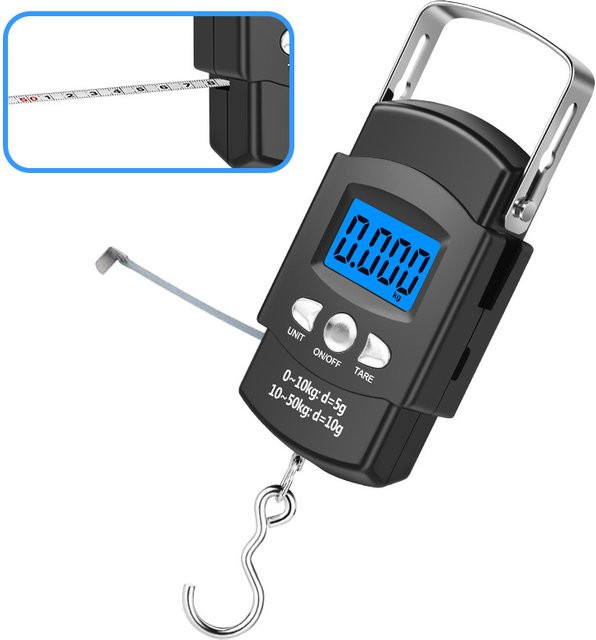 Tragbare digitale Hakenwaage von kebidumei mit LCD-Display und einziehbarem Maßband, Schwarz, Tragkraft bis 50 kg - Bild 1