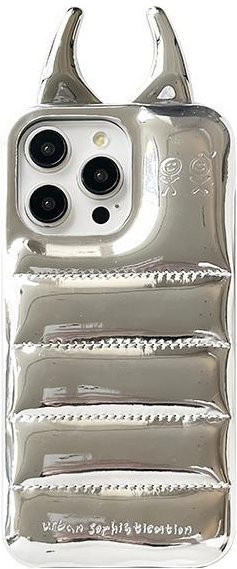 Glänzende ASONPAI Handyhülle mit Kuhhörnern aus PU-Leder für iPhone 12 bis iPhone 17 Pro Max in Silber - Bild 1