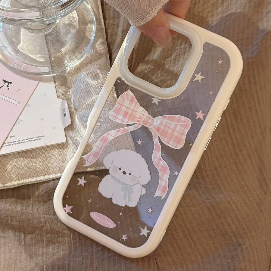 MUQGEW Handyhülle mit Koreanischem Cartoon Plaid Bowknot Welpen Design für iPhone 11 bis 16 Pro Max, Stoßfestes Hard Cover aus Acryl, Transparent - Bild 3