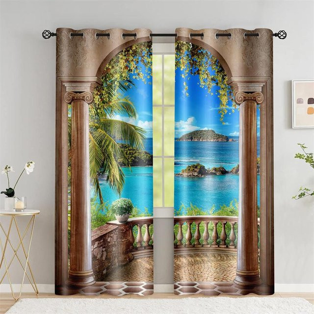 Yiran Furniture Verdunkelungsvorhang Hawaiianische Strandszene mit Kokospalmen, 2er-Set, Mehrfarbig, B/H: 50 x 60 cm x 2 Stück - Bild 1