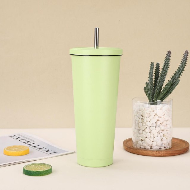 Yiran Furniture Thermobecher aus Edelstahl mit Strohhalm und schwarzem Rand, vakuumisoliert, 750 ml - Bild 1