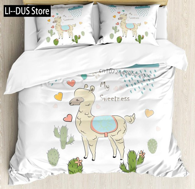 Paslu Bettwäsche Set mit Cartoon Alpaka Lama und Kaktus Druck für Kinder und Teenager, Multicolor, B/H: 135 x 200 cm - Bild 1