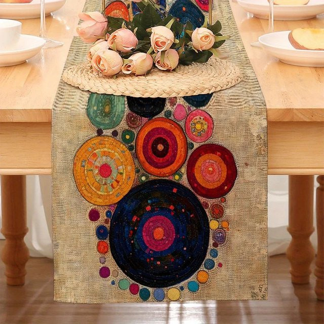 VIKAMA Runde Tischdecke mit gepunktetem Boho-Design in Multicolour aus Leinen - Bild 1
