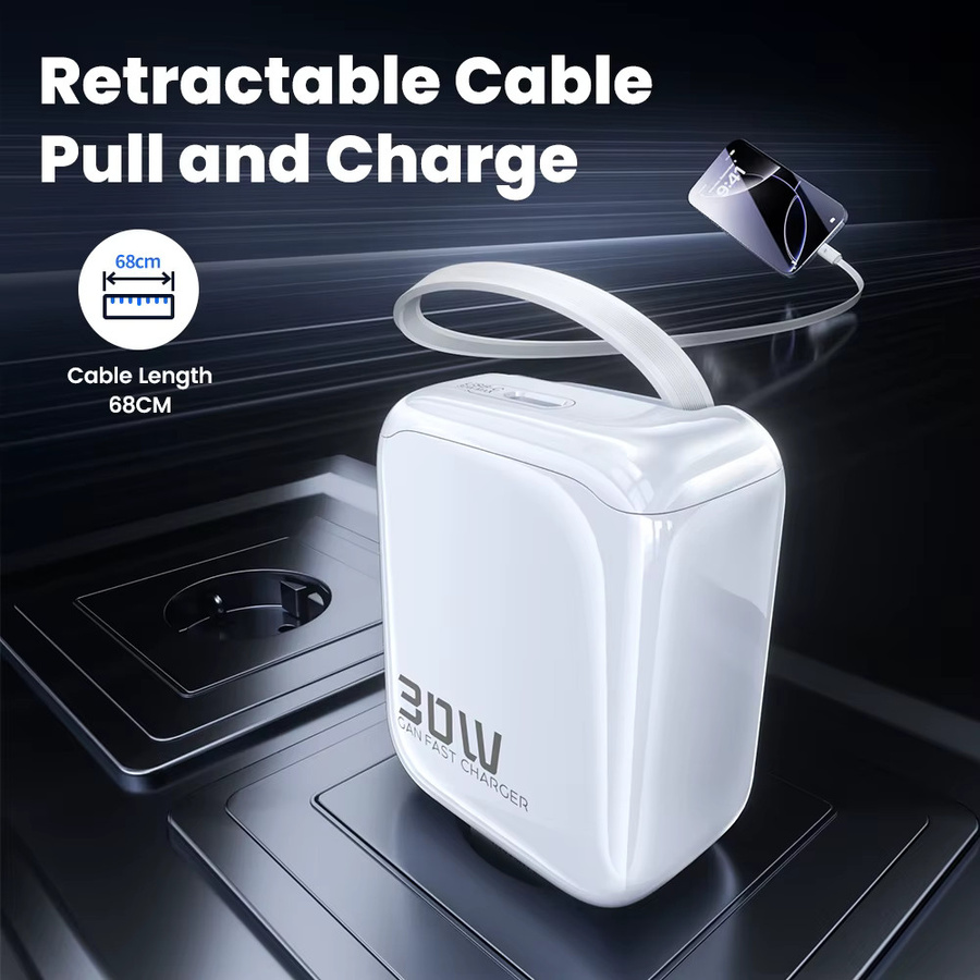 Toocki 30 W GaN-Ladegerät mit einziehbarem 68 cm USB-C-Kabel, weiß, Schnellladegerät mit QC PD 3.0 und PPS für iPhone, Samsung und Tablets - Bild 2