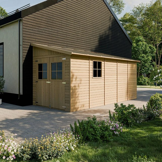 Timbela Anbau-Gartenhaus aus Holz M341+M341G mit 10 m² Grundfläche und Boden ohne Seitenwand - Bild 1