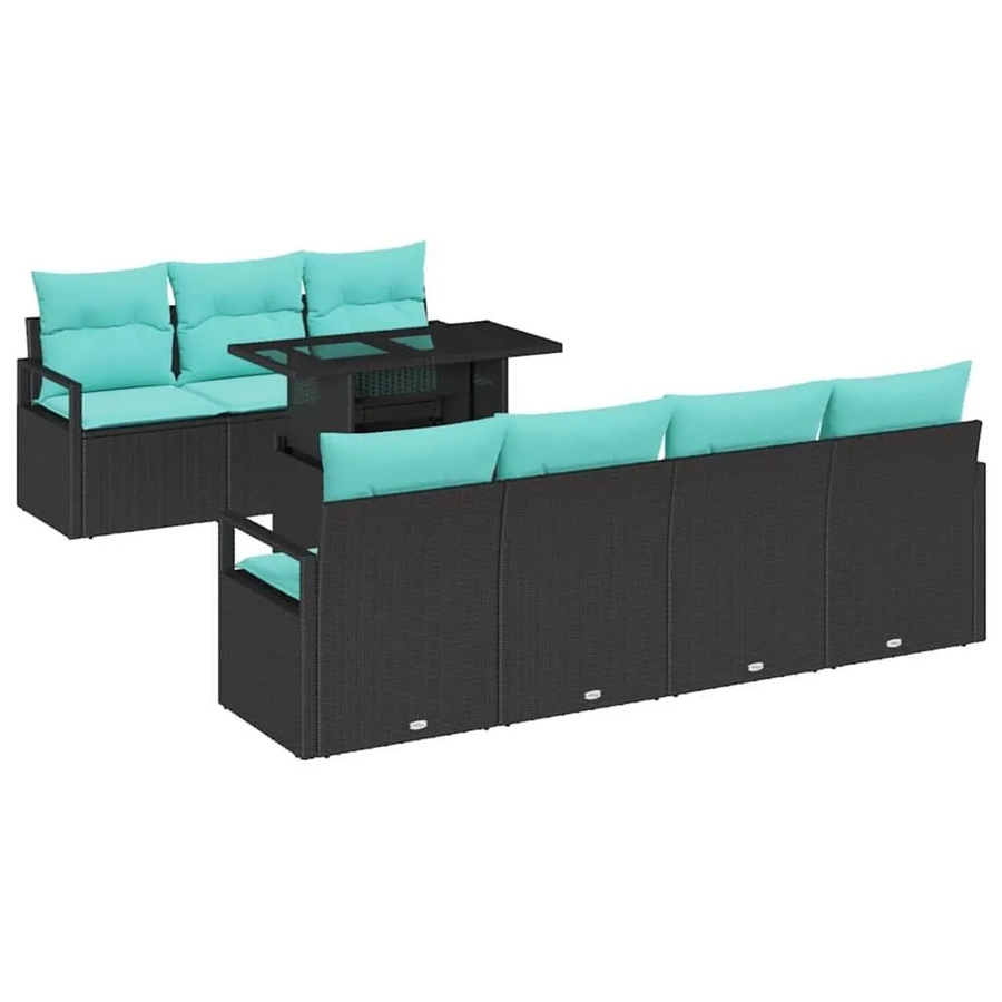 vidaXL Gartensofa-Set 8-teilig aus Poly-Rattan mit integriertem Speicher und blauen Polstern in Schwarz, bestehend aus 4 Armsofas, 3 Mittelplätzen und 1 Tisch - Bild 2