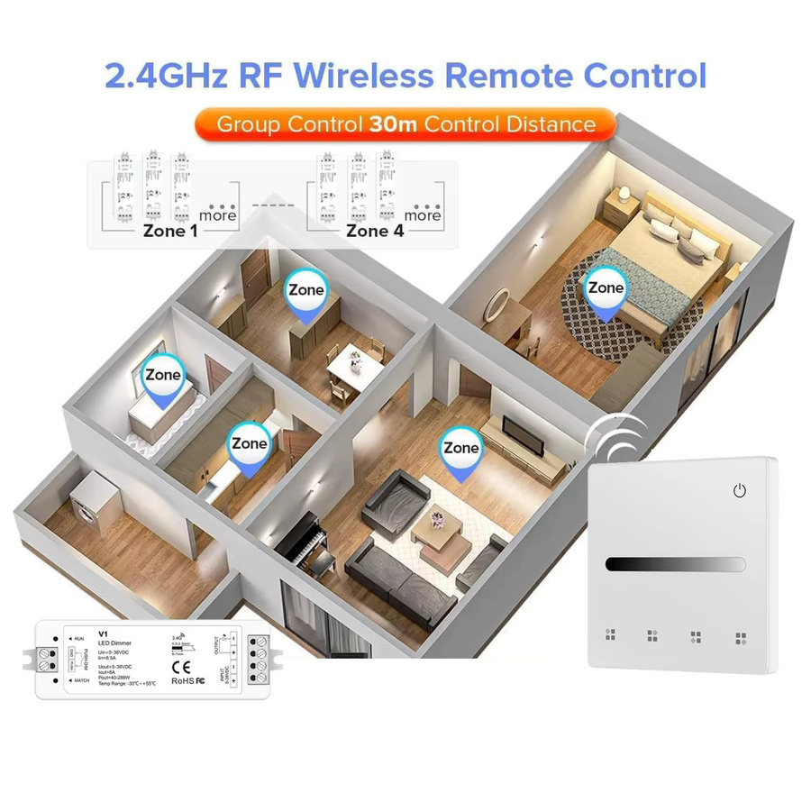 CENFAYA RF Einfarbiges LED-Controller-KIT TL1 mit Touch Panel und Fernbedienung, Dimmer für DC12V 24V, Schwarz - Bild 2