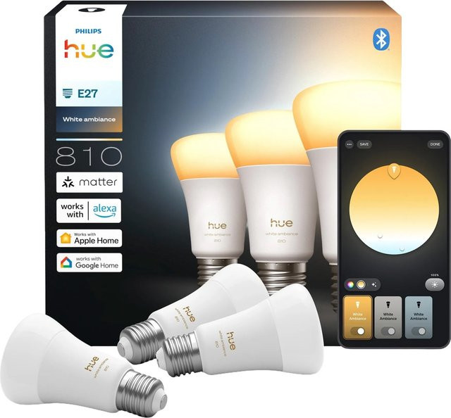 Philips Hue White Ambiance LED Leuchtmittel E27, 3er Set, Weiß, dimmbar, 6 W - Bild 1