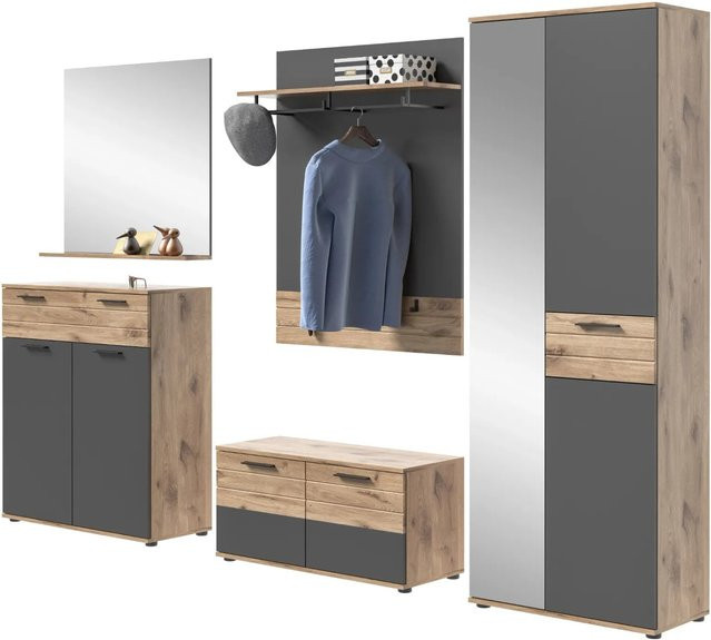 Inn.Furn Garderoben-Set Tomaso in Eiche Grau, 5-teilig mit Soft-Close, Schuhschrank, Bank, Spiegel und Paneel, Breite: 280 cm - Bild 1