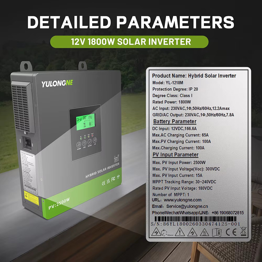 YULONGNE 1800W Off-Grid Hybrid-Solarwechselrichter 12V DC zu 230V AC mit 100A MPPT-Solarregler und max. 2500W PV-Leistung in Grau - Bild 2