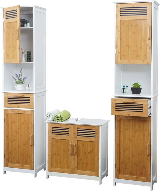 Badezimmerset MCW-A85 aus Bambus und MDF mit 2x Hochschrank und Waschbeckenunterschrank in Weiß und Braun-uni - Bild 2
