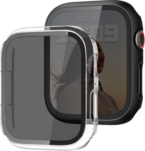 Sichtschutzhülle und Displayschutzfolie aus gehärtetem Glas für Apple Watch 9 8 7 6 SE Ultra 2 in Schwarz - Bild 1