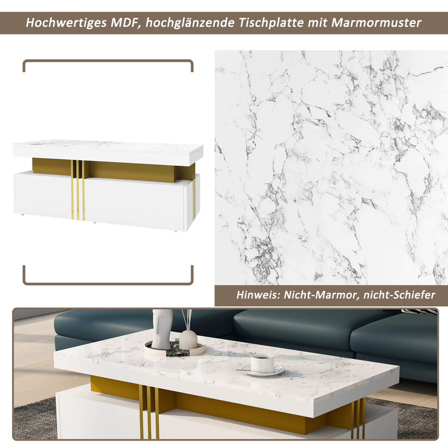 Anajqaqia Moderner Couchtisch mit 2 Schubladen und Hochglanzplatte, rechteckiger Beistelltisch in Marmoroptik, B/T/H: 100 x 50 x 40 cm - Bild 4