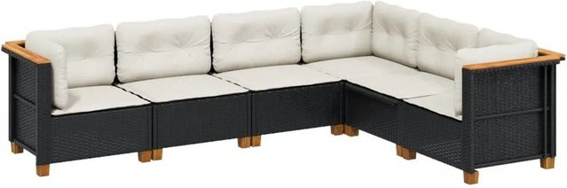 vidaXL 6-tlg Garten-Sofagarnitur in L-Form aus Polyrattan und Akazienholz mit Kissen, Schwarz - Bild 1