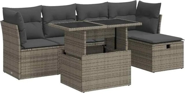 vidaXL 6-teilige Garten-Sofagarnitur in L-Form aus Poly-Rattan in Grau mit Kissen und Couchtisch - Bild 1