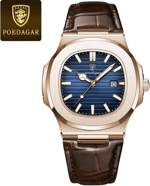 POEDAGAR Armbanduhr Edelstahl, Quarz, Eckig, Blau, Herren - Bild 1