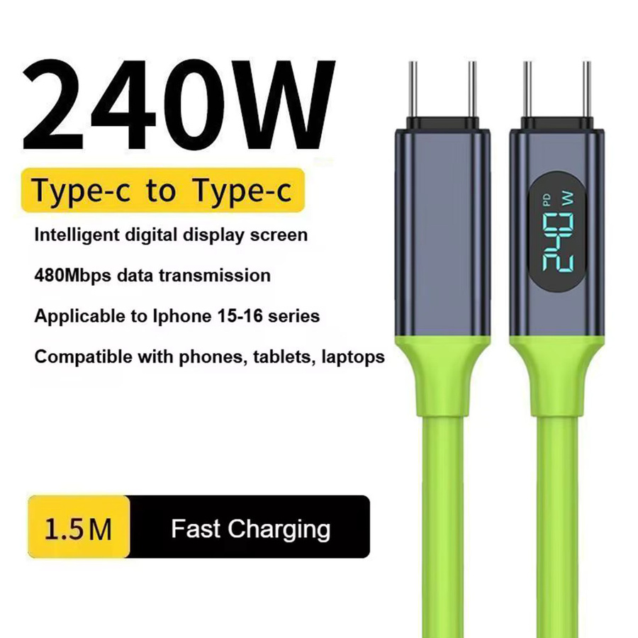 USB Typ-C-zu-Typ-C-Kabel mit Digitalanzeige für 240 W Schnellladung aus Flüssigsilikon in Grün - Bild 4