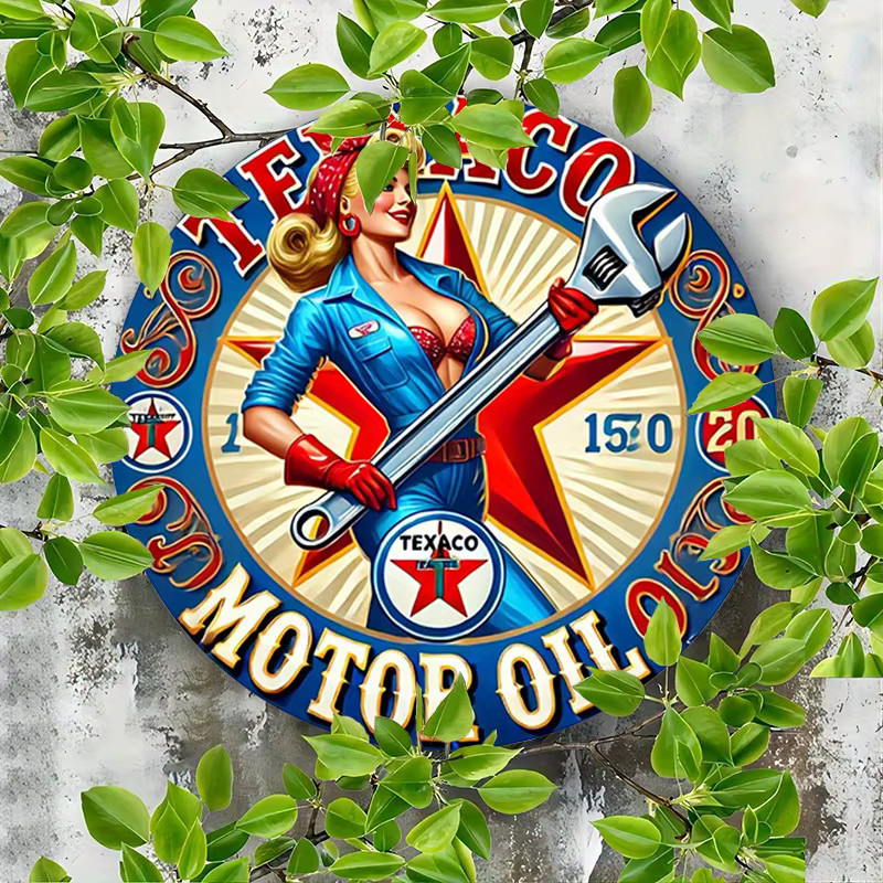 Rundes Texaco Motoröl Aluminiumschild im Vintage-Stil als Metallwandkunst mit Mechaniker-Thema - Bild 6