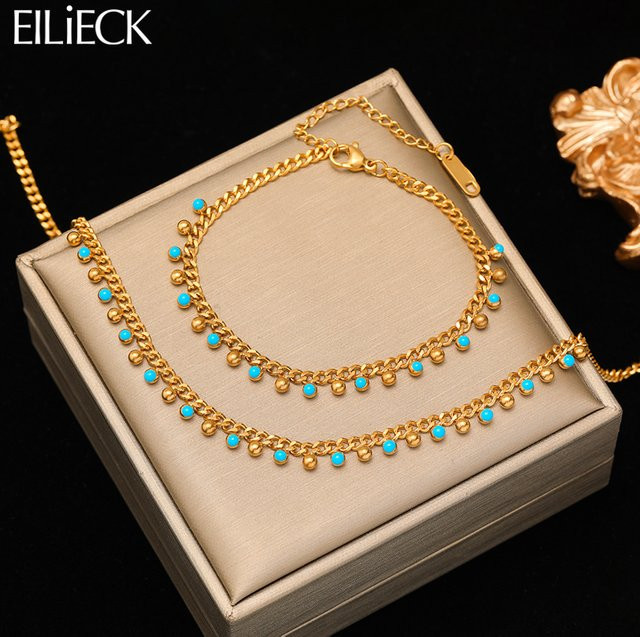 EILIECK Schmuck-Set Halskette und Armband, Edelstahl, Blau, Perle, Damen - Bild 1
