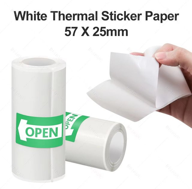 10 Stück selbstklebendes Thermopapier für Mini-Drucker, weißes Aufkleberpapier für Taschenthermodrucker, B: 57 mm, H: 25 mm - Bild 1