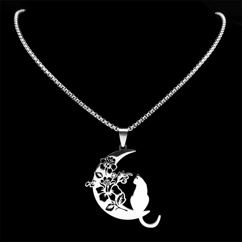 AFAWA Halskette Katze Blume Mond, Edelstahl, Silber, Unisex, Böhmen - Bild 4
