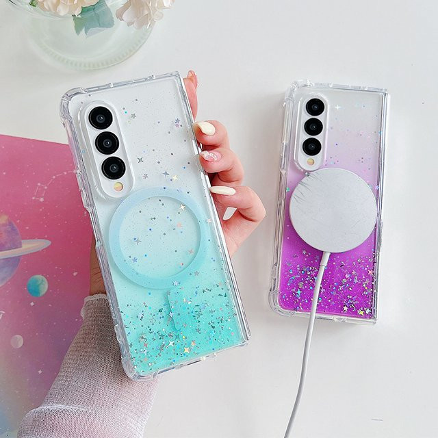 Magnetische Schutzhülle mit Epoxy Glitter Star Design für Samsung Galaxy Z Fold 6 5 4 3, Pink, kompatibel mit MagSafe und Wireless Charging - Bild 1