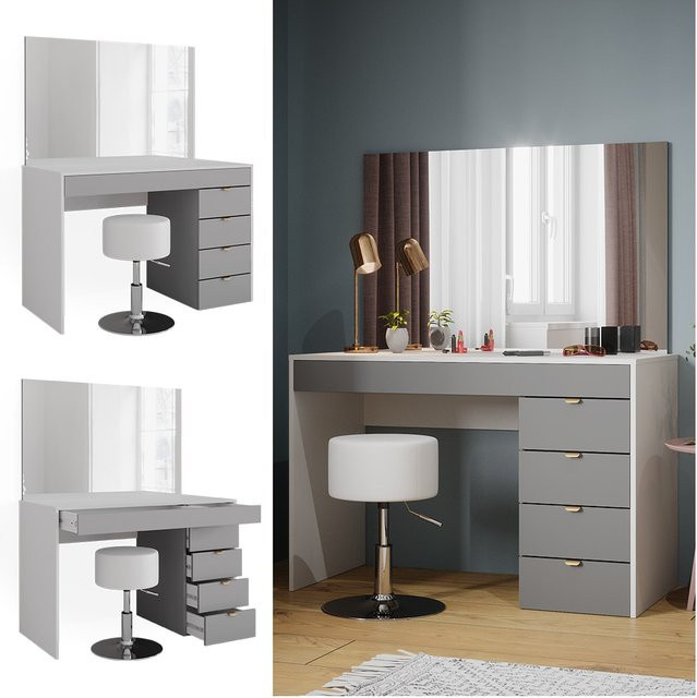 Vicco Schminktisch Elise mit Hocker und Spiegel in Weiß und Grau, B: 115 cm, T: 76 cm - Bild 1