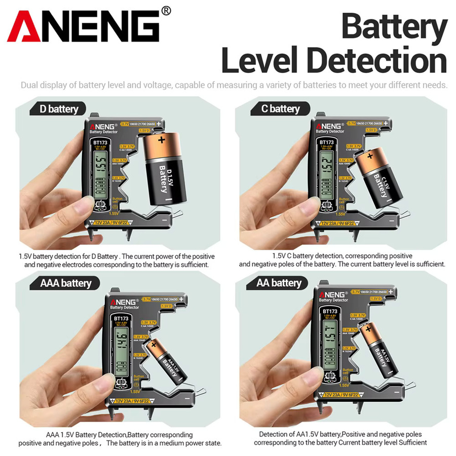 ANENG BT173 Universal Batterie Tester mit visuellem Display für AA, AAA, C, D, N und 9V Batterien - Bild 5
