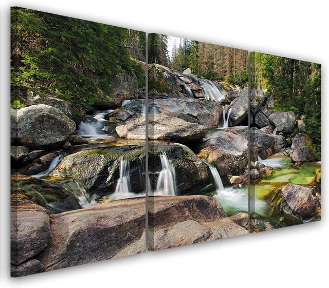 Dreiteiliger Leinwanddruck Feeby Waterfall Forest Brook Rocks in Grau, B: 60 cm, H: 40 cm - Bild 1