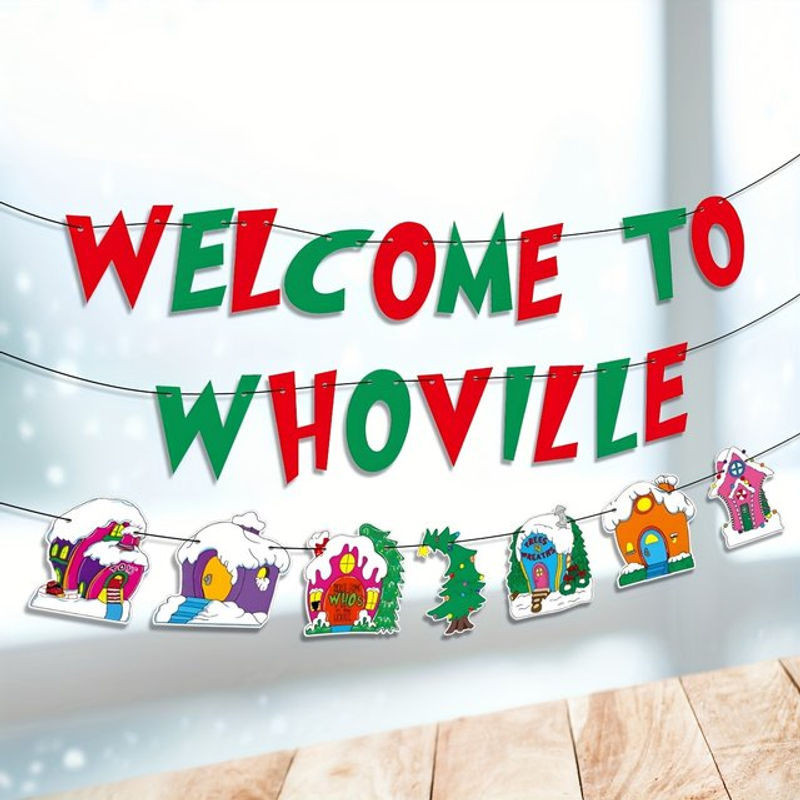 Weihnachtsbanner Who Ville in Rot und Grün aus Papier als hängende Dekoration - Bild 1