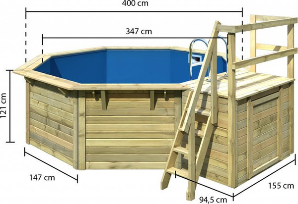 Karibu Achteck Pool Set in Grau und Blau mit Sonnenterrasse, Filteranlage und Skimmer, B/T: 400 x 400 cm